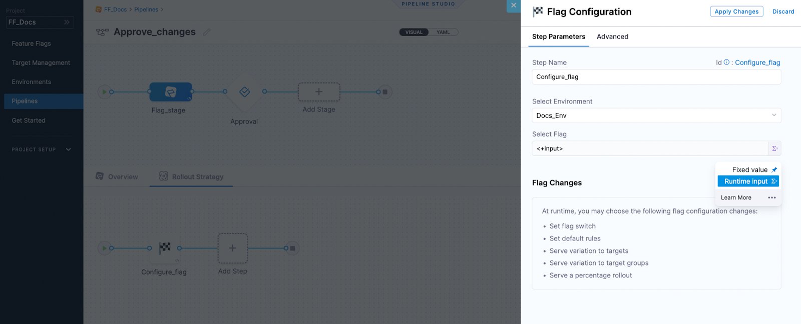 A screenshot of the Pipeline with the Flag Configuration panel open.